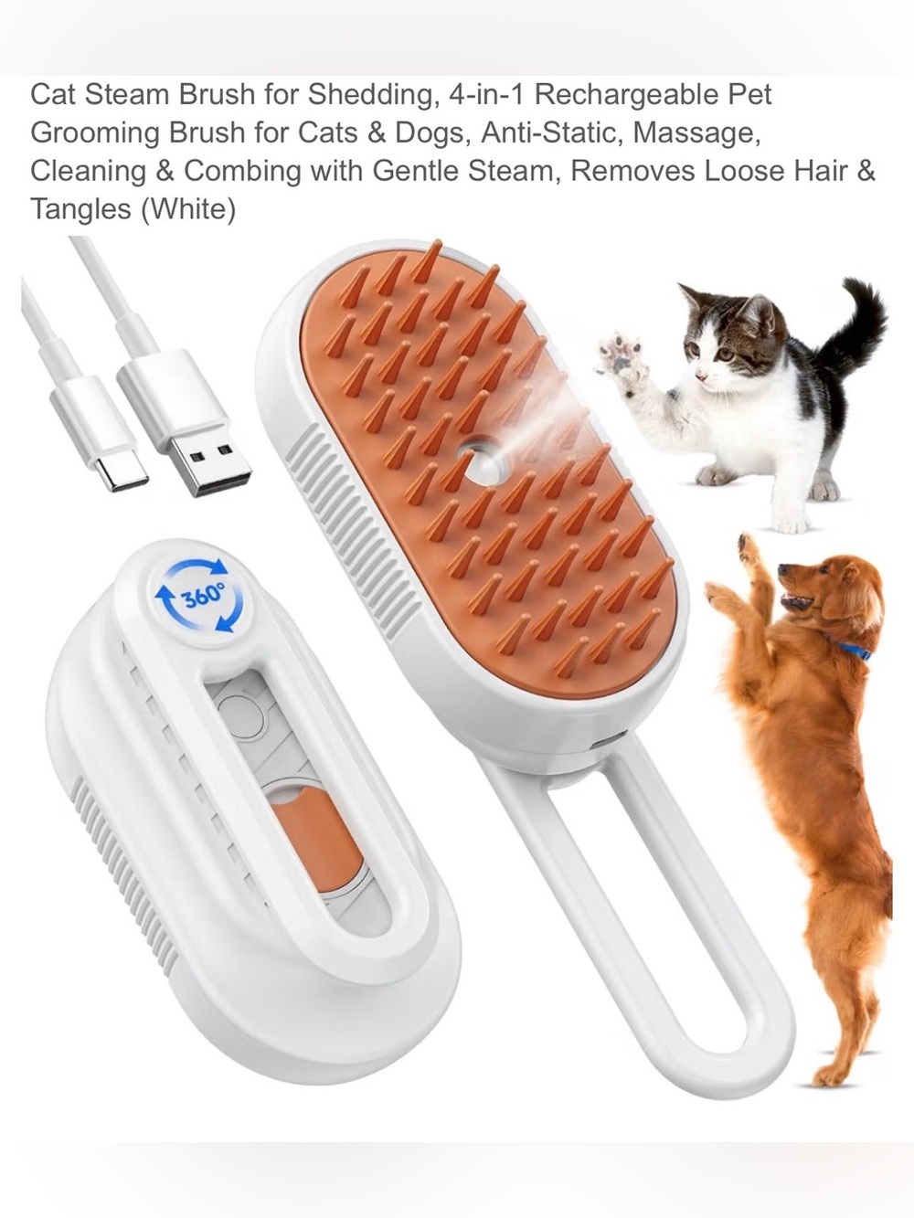 Rechargeable Steam Pet Grooming Brush for Cats & Dogs - White and Orange